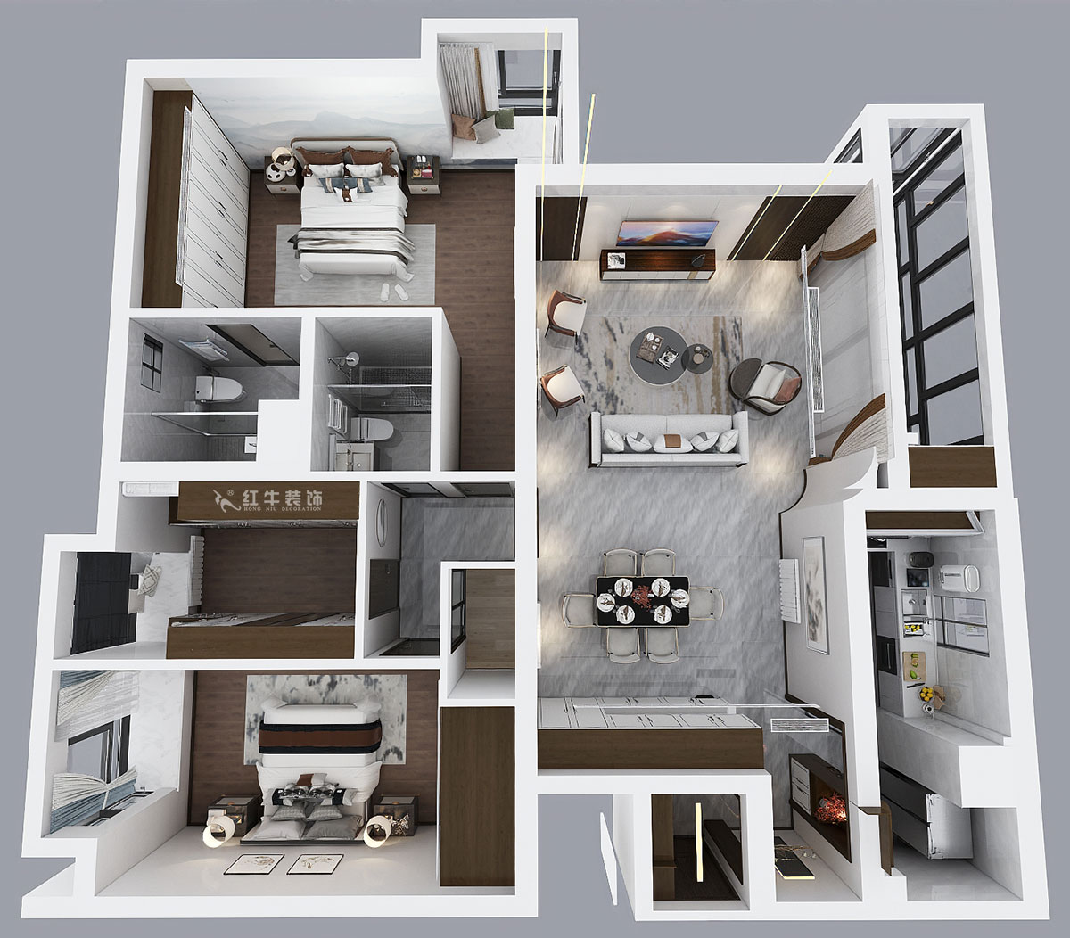 蒋琛｜京隆铭爵府2-501-170㎡-中式风格｜3室2厅2卫｜旧房装修｜定制家｜全包22万｜00_04鸟瞰图